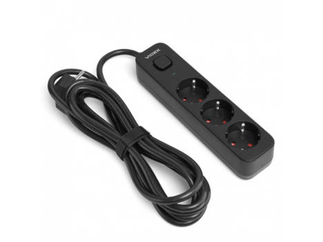 Подовжувач мережевий Videx Oncord з кнопкою з/з 3 пости (1.5 мм) 3 м чорний