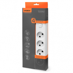 Подовжувач мережевий Videx Oncord з кнопкою б/з 4 поста (3 м) білий