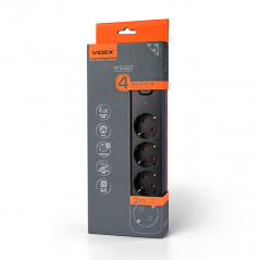 Подовжувач мережевий Videx Oncord з кнопкою з/з 4 пости (1.5 мм) 3 м чорний