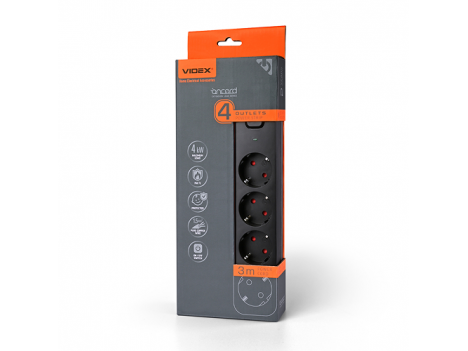 Подовжувач мережевий Videx Oncord з кнопкою з/з 4 пости (1.5 мм) 3 м чорний