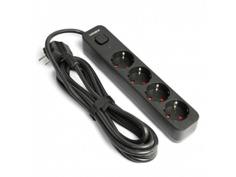 Подовжувач мережевий Videx Oncord з кнопкою з/з 4 пости (1.5 мм) 3 м чорний