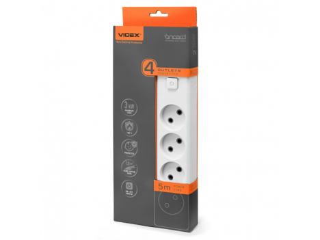 Подовжувач мережевий Videx Oncord з кнопкою б/з 4 поста (5 м) білий
