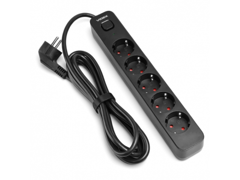 Подовжувач мережевий Videx Oncord з кнопкою з/з 5 постів (1.5 мм) 3 м чорний