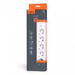 Подовжувач мережевий Videx Oncord з кнопкою з/з 5 постів (1.5 мм) 3 м білий