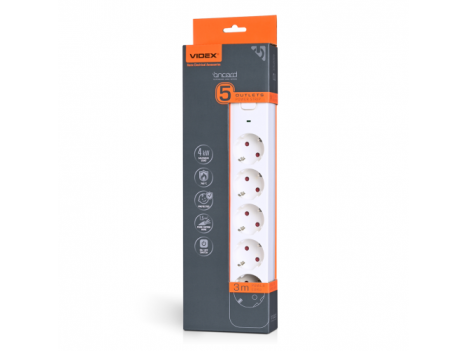 Подовжувач мережевий Videx Oncord з кнопкою з/з 5 постів (1.5 мм) 3 м білий
