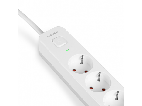 Подовжувач мережевий Videx Oncord з кнопкою з/з 5 постів (1.5 мм) 3 м білий