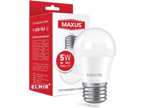 Лампа светодиодная Maxus LED G45 5W 4100K 220V Е27