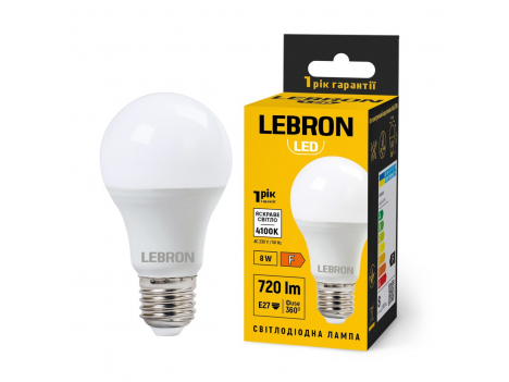 Лампа светодиодная Lebron LED L-A60 8W 4100K 220V E27