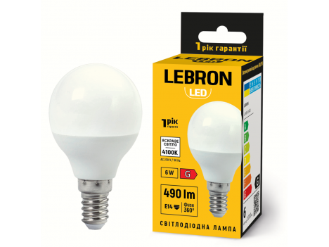 Лампа светодиодная Lebron LED L-G45 6W 4100K 220V E14